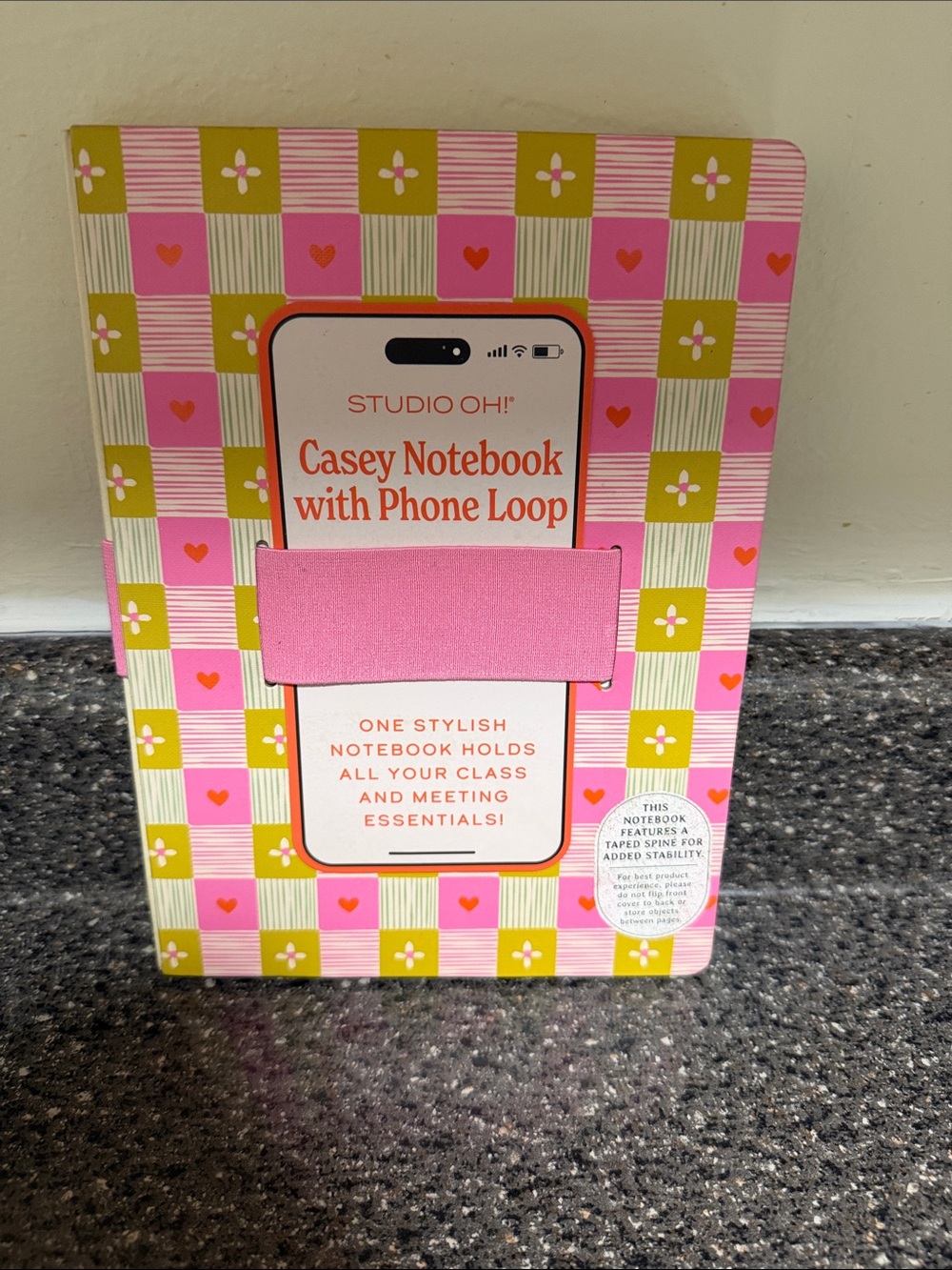 Studio Casey Notebook with Phone Loop - Pink and Olive Checkered